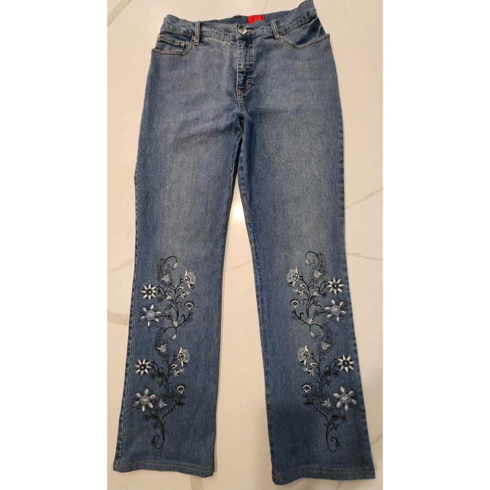 V Cristina Floral Embroidered Embellished Stretch Denim Blue Jeans Women's 4